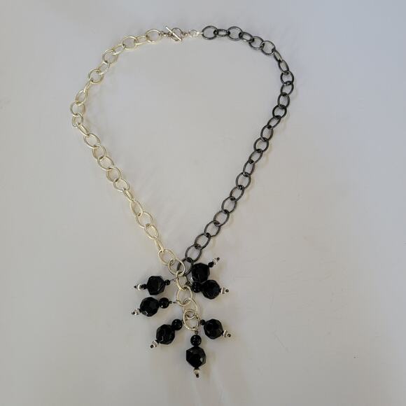 Bold Black Bead Necklace Two Tone Silver Gold Chain 30 Inch Statement Jewelry - Picture 1 of 10